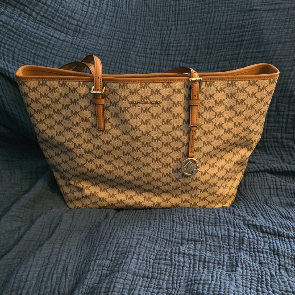 Michael Kors Tan Structured Tote Bag with Brown Leather Trim